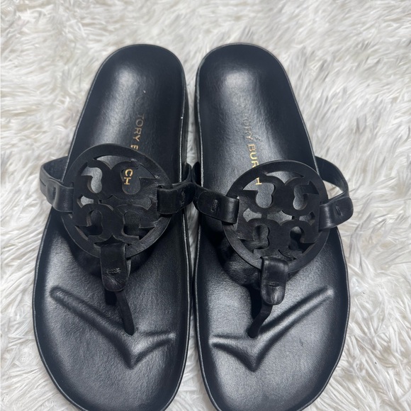 Tory Burch Shoes - Tory Burch Black Miller Leather Thong Sandals with Logo Medallion